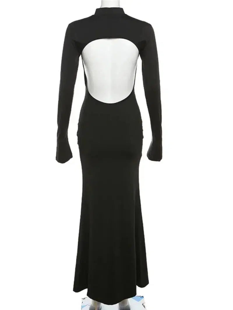 Cheky - Laxsesu Backless Sexy Maxi Dress Women's Long Sleeve Bodycon Black Autumn Dress Elegant Party Evening Dresses for Women