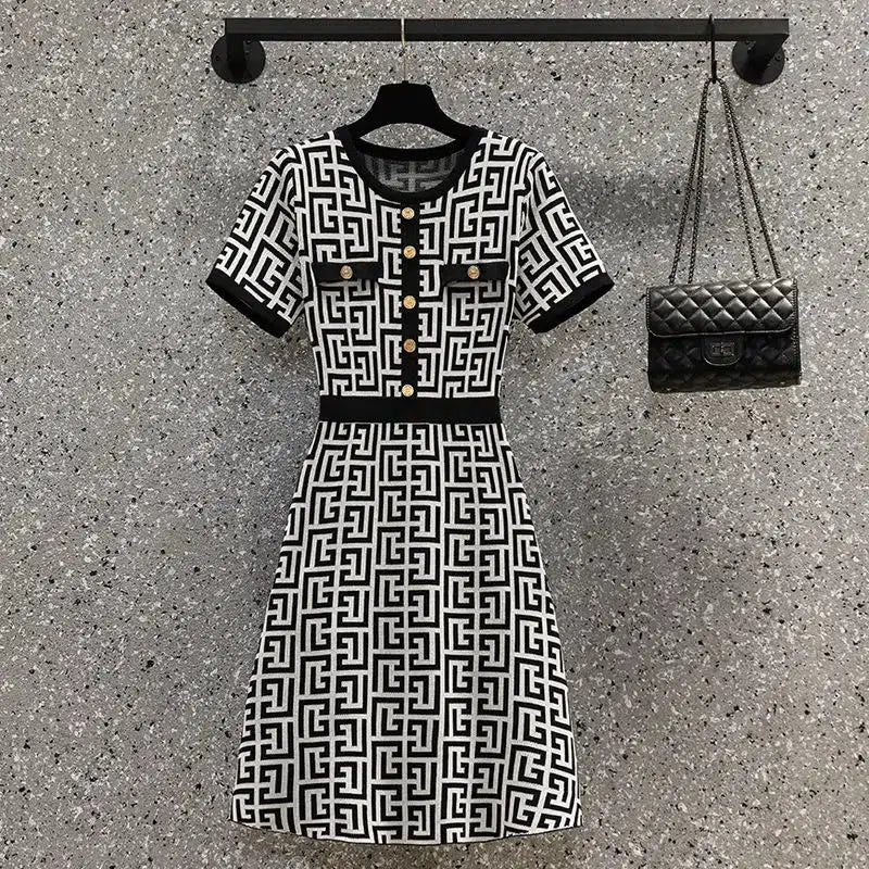 Cheky - Office Lady Printed Vintage Fashion Autumn Winter Button Short Sleeve Knitted Dress