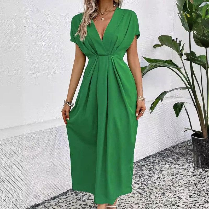 Cheky - Solid Color Deep V Shoulder Sleeve Folding Elastic Waist Long Dress