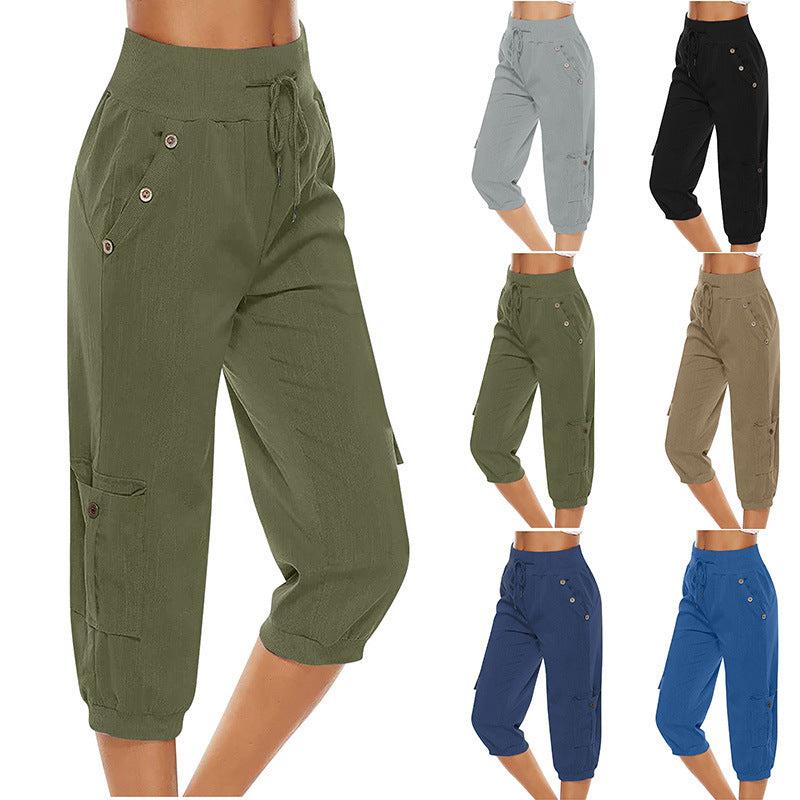 Cheky - Women's Cropped Pants Cotton Linen Cargo Pocket Casual Pants