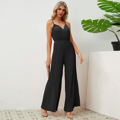 Cheky - V-neck Suspender Pleated Jumpsuit Solid Color Loose Straight Pants Womens Clothing