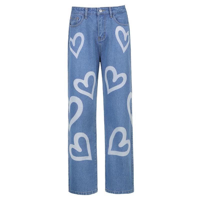 Cheky - Wide-leg Jeans Women's Love Print Straight Loose