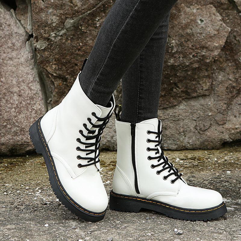 Cheky - Fashion Lace-up Boots For Women Autumn And Winter Black White Zipper Mid-calf Boots Elegant Low Heel Shoes