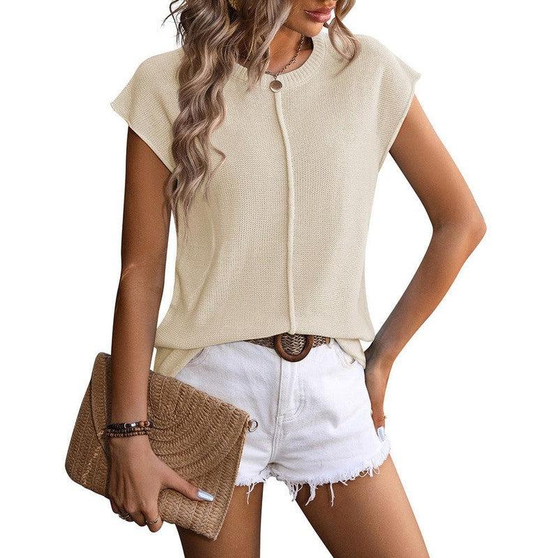 Cheky - New Knitted Round Neck Short-sleeved Top Summer Casual Loose Solid Color T-shirt Womens Clothing