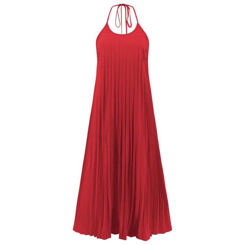 Cheky - Fashion A-line Pleated Suspender Long Dress Summer Casual Loose Beach Vacation Dresses Womens Clothing