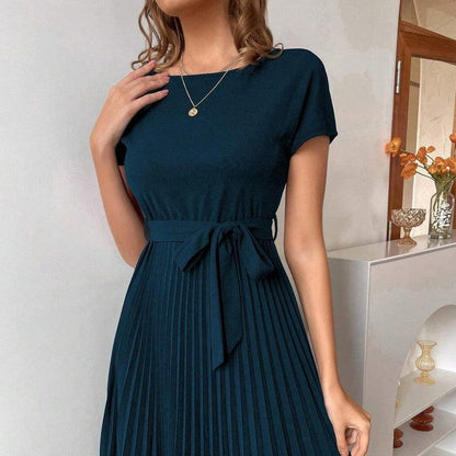 Cheky - Solid Color Belt Pleated Batwing Sleeve Women Long Dress