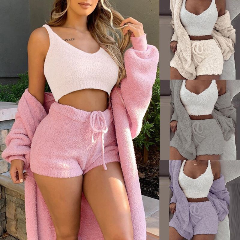 Cheky - Winter Sexy Women Home Wear Suit Casual Pajamas Set Lady Female Soft Warm Long Sleeve Exposed Navel Vest Shorts Set