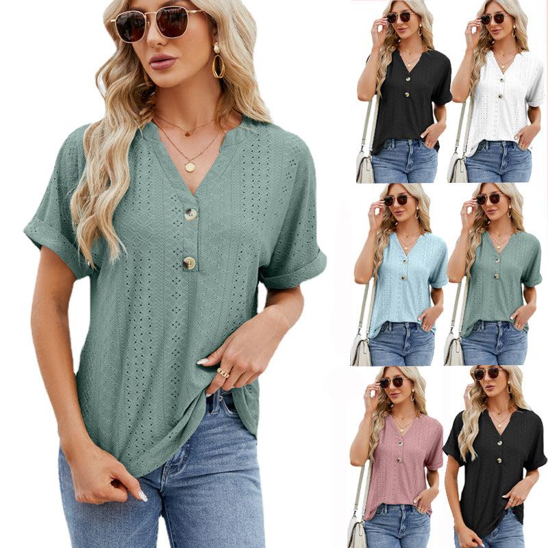 Cheky - V-neck Rolled Hem Short-sleeved Top Summer Fashion Button Hollow Design Loose Casual T-shirt Womens Clothing