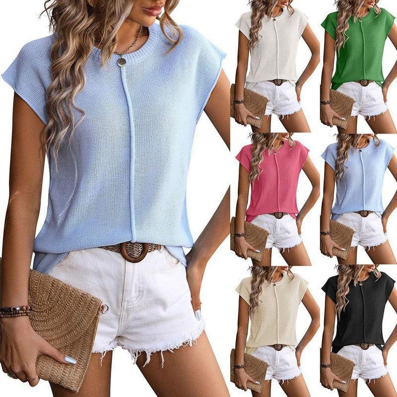 Cheky - New Knitted Round Neck Short-sleeved Top Summer Casual Loose Solid Color T-shirt Womens Clothing