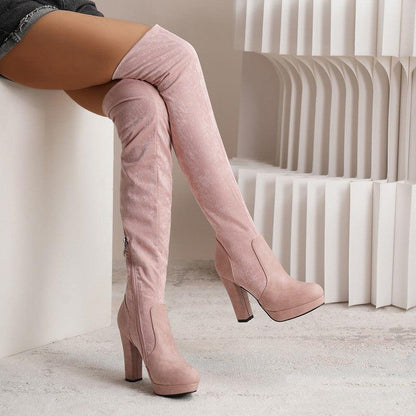 Cheky - New Long Boots For Women Elastic Suede High Square Heel Over-the-knee Boots Fashion Party Shoes Winter