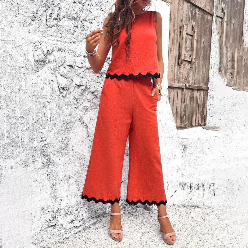 Cheky - Summer Wave Print Suit Sleeveless Top And Straight Trousers Fashion Casual Solid Color 2pcs Set For Womens Clothing