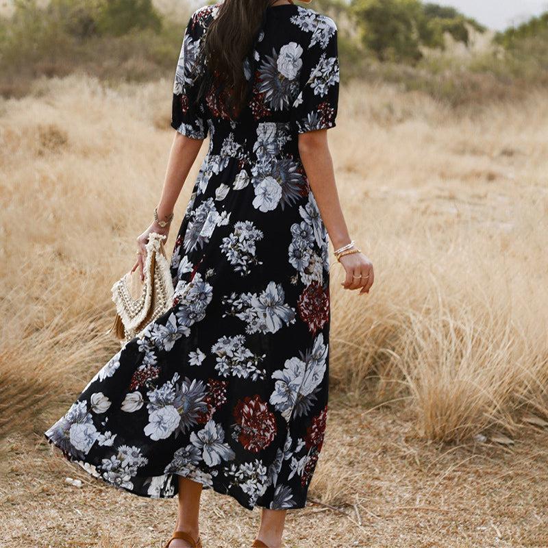 Cheky - Floral Summer Beach Dress With V Neck Elastic Waist Dresses For Women