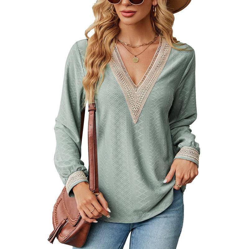 Cheky - Lace Stitching V-neck T-shirt Loose Long-sleeved Solid Color Top For Women