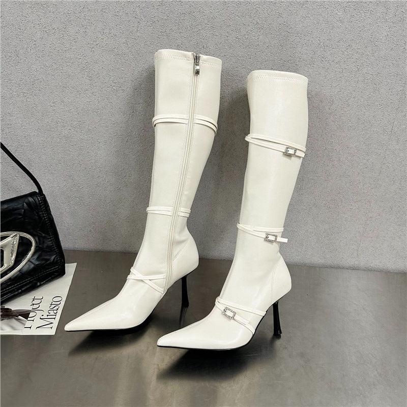 Cheky - Personalized Pointed Toe Belt Buckle Slimming High Stiletto Heel Boots