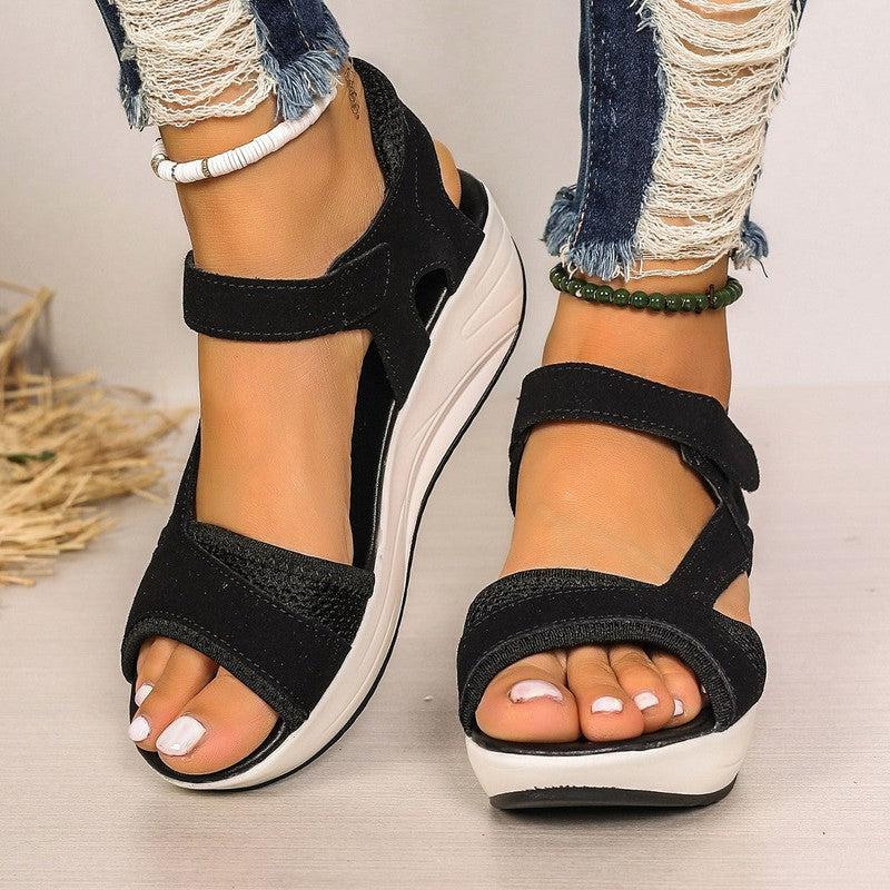 Cheky - Velcro-design Sports Sandals Summer Color-blocked Wedges Breathable Mesh Shoes Summer Fish Mouth Sandals For Women