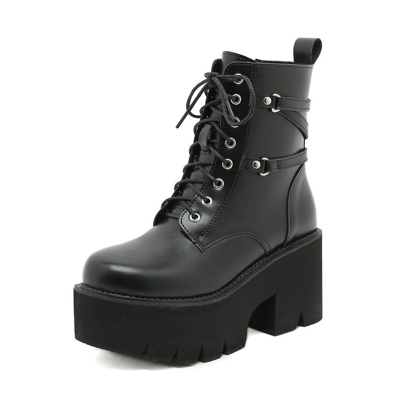 Cheky - Women's Round Head Lace-up Platform Waterproof Platform Thick Heel Dr Martens Boots