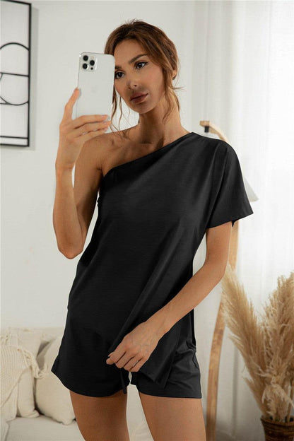 Cheky - Off-the-shoulder Short Sleeve Sloping-shoulder Off The-shoulder Casual Two-piece Suit