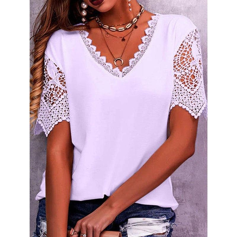 Cheky - Lace Tops Women Summer Loose V Neck Short Sleeve Casual Shirts