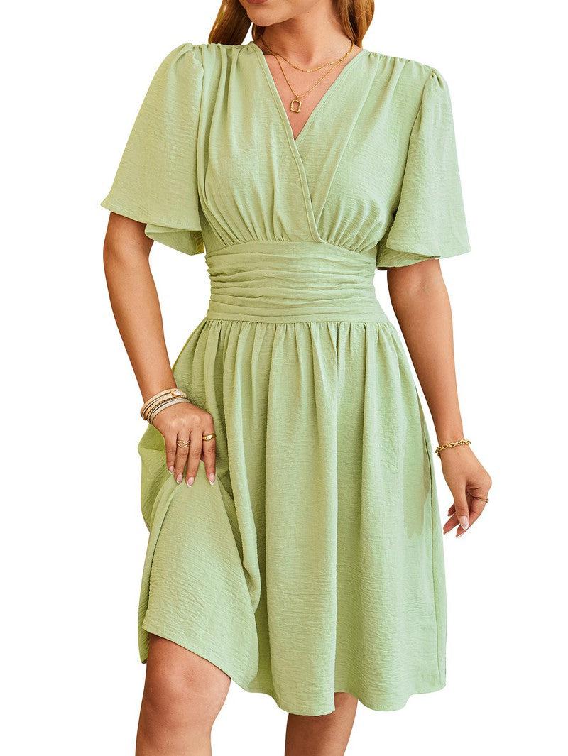 Cheky - V-neck Short-sleeved Dress Fashion Bell-sleeved Dress Summer Womens Clothing