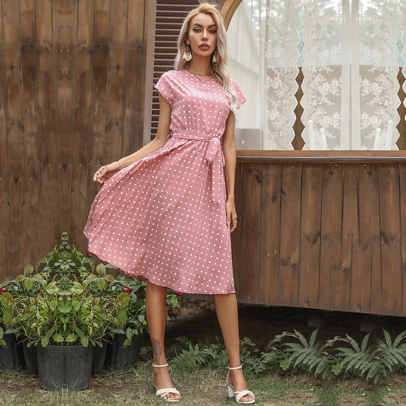 Cheky - Summer Women Polka Dot Short Sleeve Dress Casual Bandage Party Pleated Midi Dresses Elegant Green Office Lady Clothing