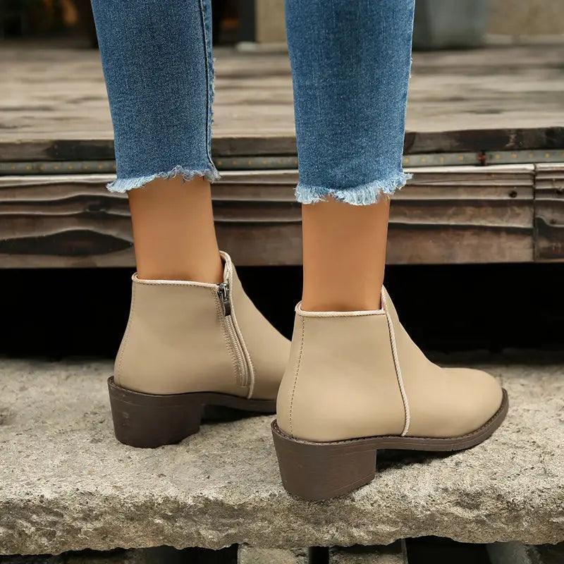 Cheky - Ankle Boots Women Chunky Mid Heel Shoes Waterproof Side Zipper Boots