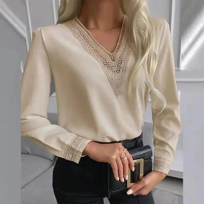 Cheky - Autumn New Style Lace Long-Sleeved V-Neck Shirt