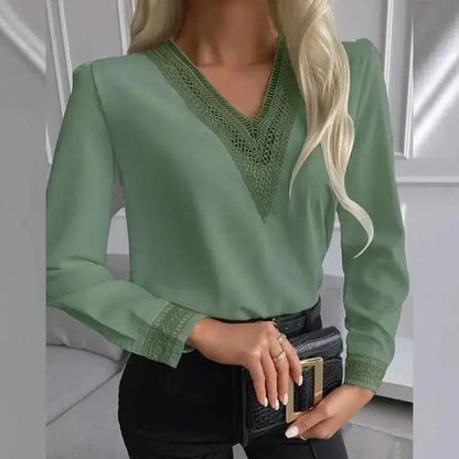 Cheky - Autumn New Style Lace Long-Sleeved V-Neck Shirt