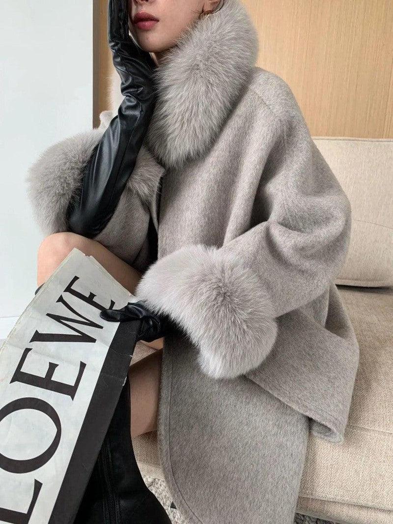 Cheky - Cape Fox Fur Collar Cashmere Wavy Coat