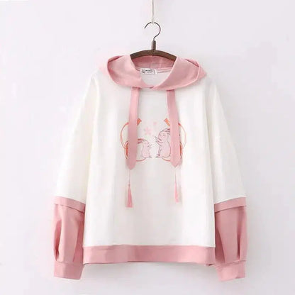 Cheky - Cartoon Double Rabbit Print Hooded Student Hoodie