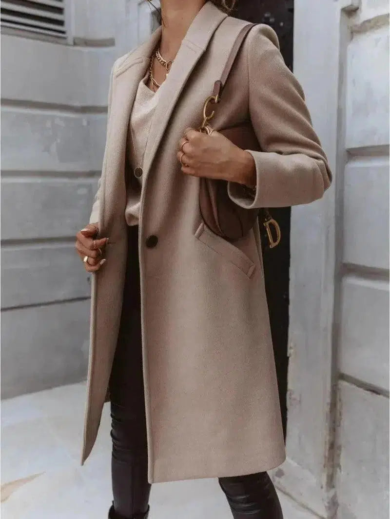 Cheky - Chic Lapel Mid-Length Button Wool Coat