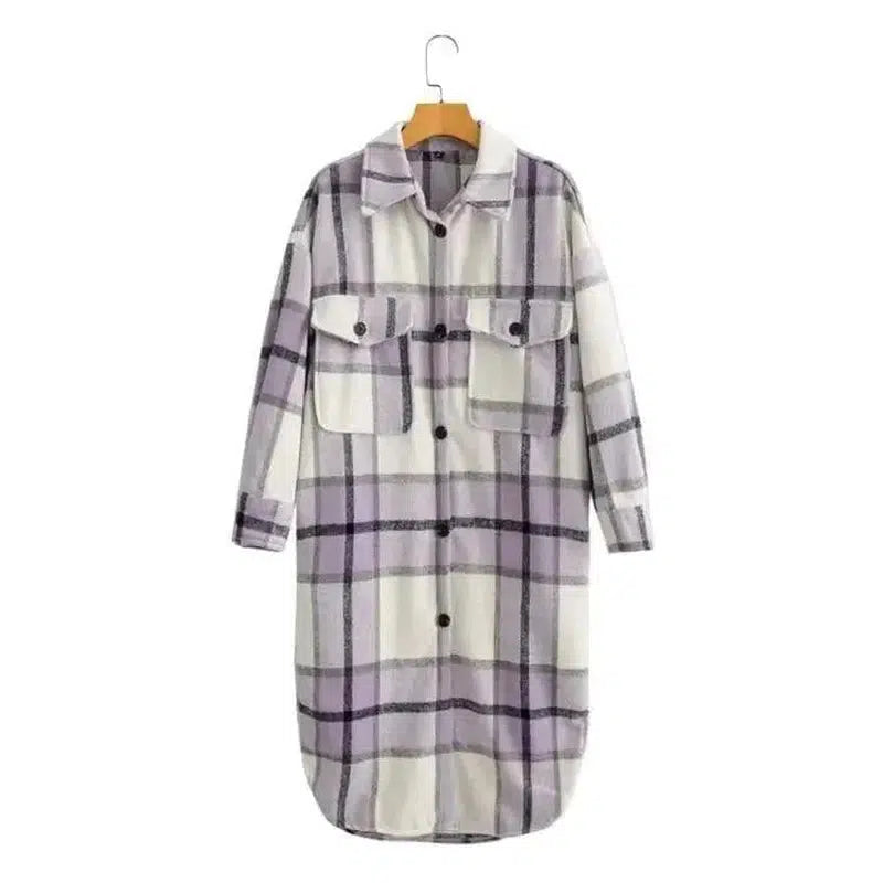 Cheky - Contrasting Plaid Casual Fashion Simple Long Woolen Coat