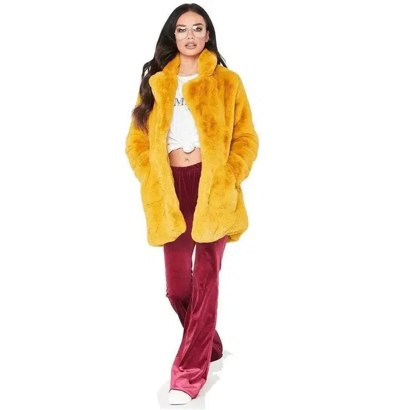 Cheky - Faux Fur Coat Women Long Sleeve Warm Thick Wave Jackets Plus