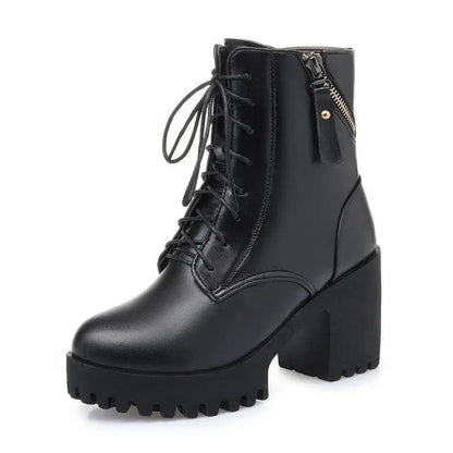 Cheky - Genuine Leather Fashion High Heel Thick Heel Army Boots Women Wool Women Ankle Boots