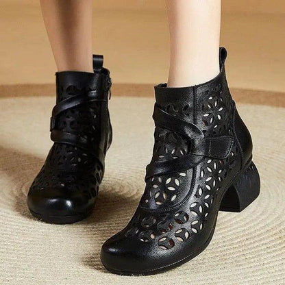 Cheky - Hollow Out Boots Women Retro Style Side Zip Mid Heels Shoes