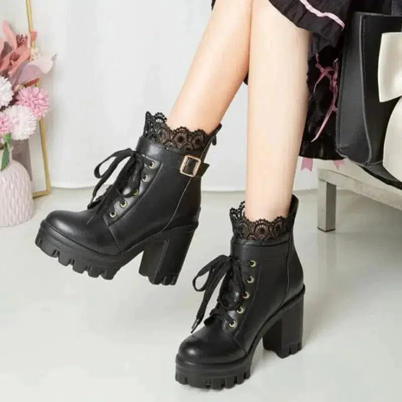 Cheky - Lace Ankle Boots Lace-up Square Heeled Shoes Women White Black Boots