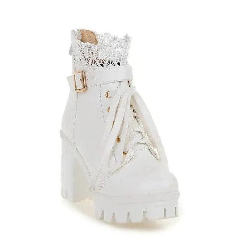 Cheky - Lace Ankle Boots Lace-up Square Heeled Shoes Women White Black Boots