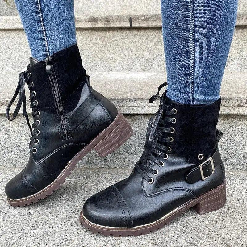 Cheky - Lace-up Boots Winter Buckle Cowboy Boots Women Low Heel