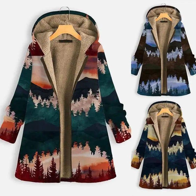 Cheky - Landscape print long sleeve hooded zipper coat