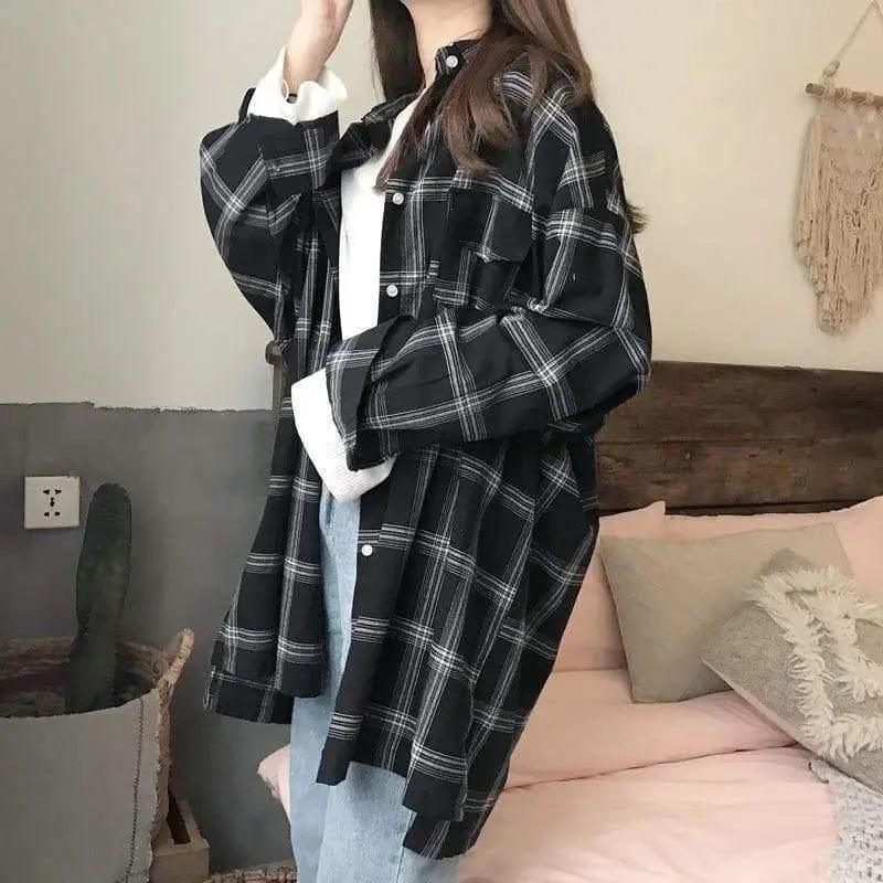 Cheky - Large Size Plaid Shirt Women Loose Long-sleeved Shirt Sun