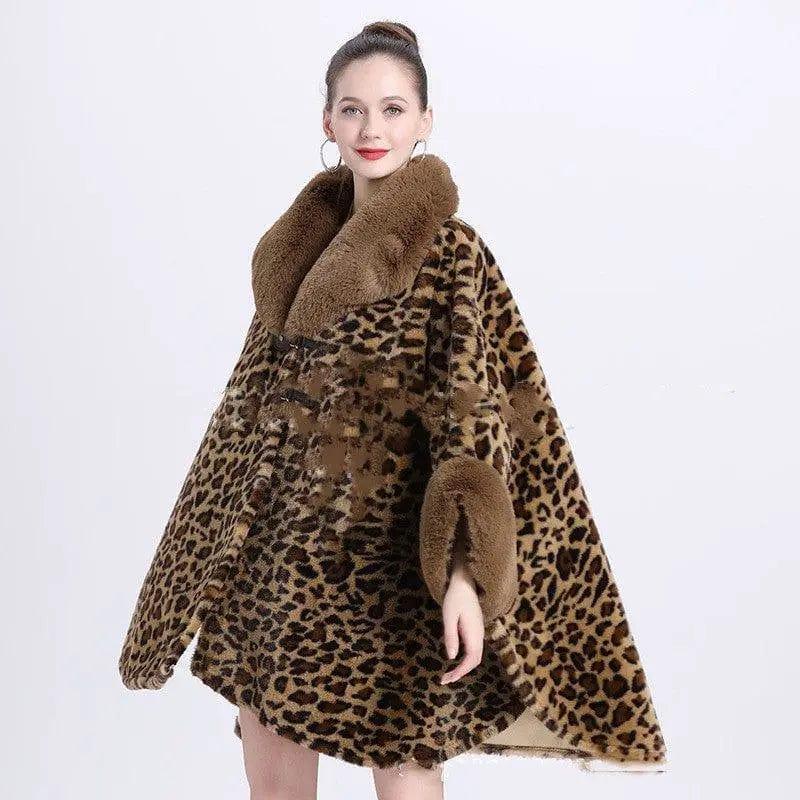 Cheky - Leopard Print Big Hair Leader Mouth Cardigan Cape Women