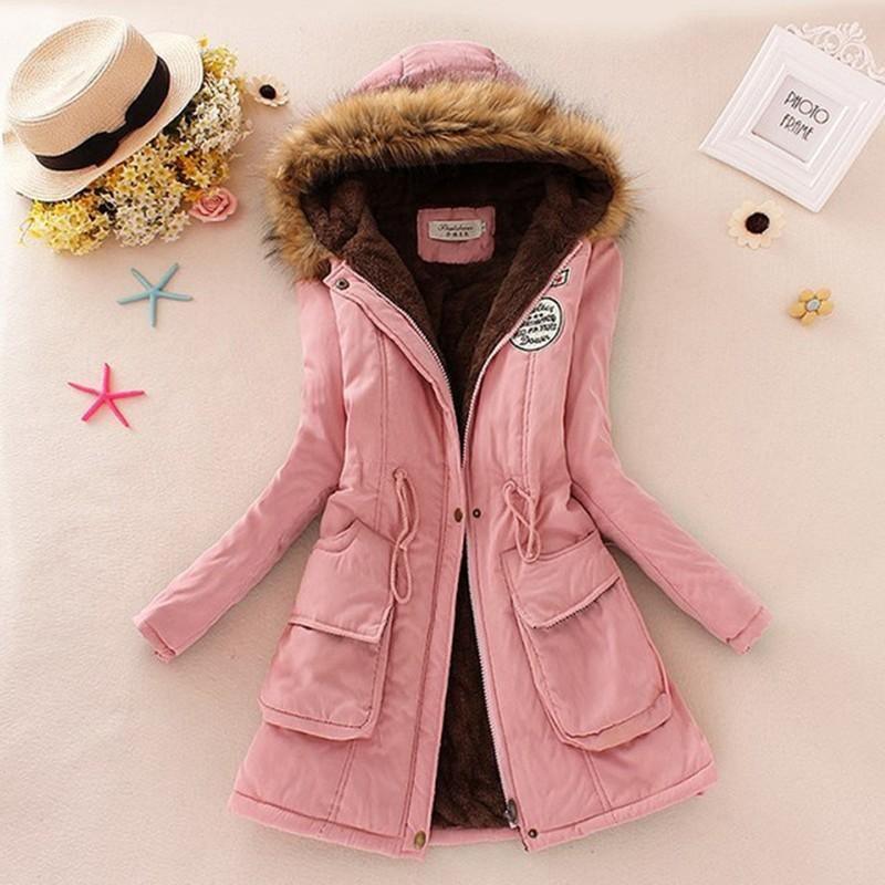 Cheky - Long Women's Cotton-Padded Jacket With Wool Collar