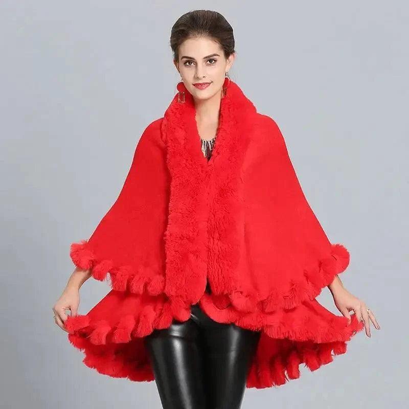 Cheky - Loose Fox Fur Collar Double-layer Knitted Shawl Cloak Coat