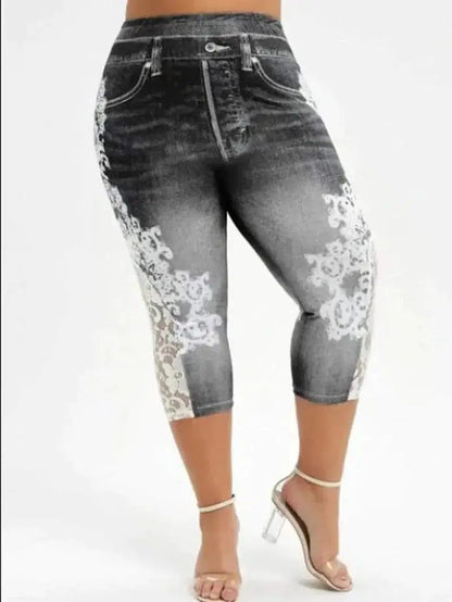 Cheky - Imitation Denim Lace Stitching Print Leggings Woman