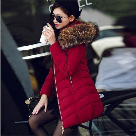 Cheky - Mid-length slim cotton jacket large fur collar down jacket