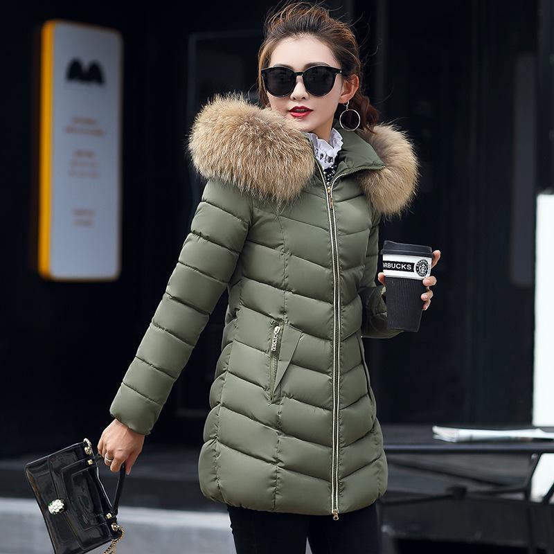 Cheky - Mid-length slim cotton jacket large fur collar down jacket