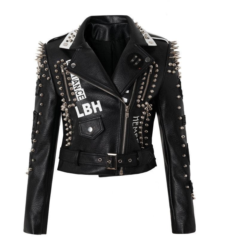 Cheky - New Punk Rock Windmill Graffiti Leather Jacket