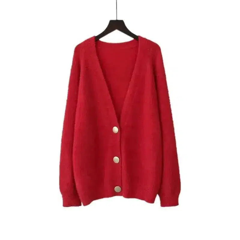 Cheky - Plush Net Red Knit Cardigan Gentle V-neck Loose Top