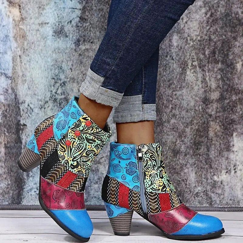 Cheky - Print Ankle Boots Chunky Mid Heel Boots Women Side Zipper Shoes