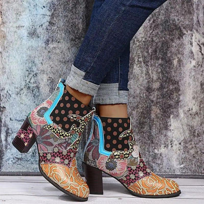 Cheky - Print Ankle Boots Chunky Mid Heel Boots Women Side Zipper Shoes