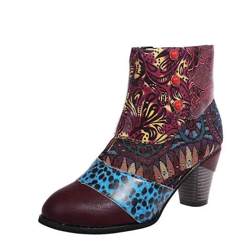 Cheky - Print Ankle Boots Chunky Mid Heel Boots Women Side Zipper Shoes